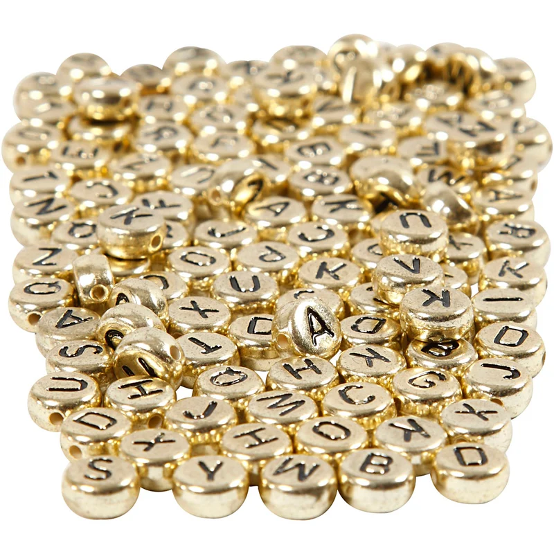 Bokstavspärlor, Dia. 7 mm, Hålstl. 1 mm, ca. 1500 st., guld, 165 g/ 1 förp. [HOB-69930]