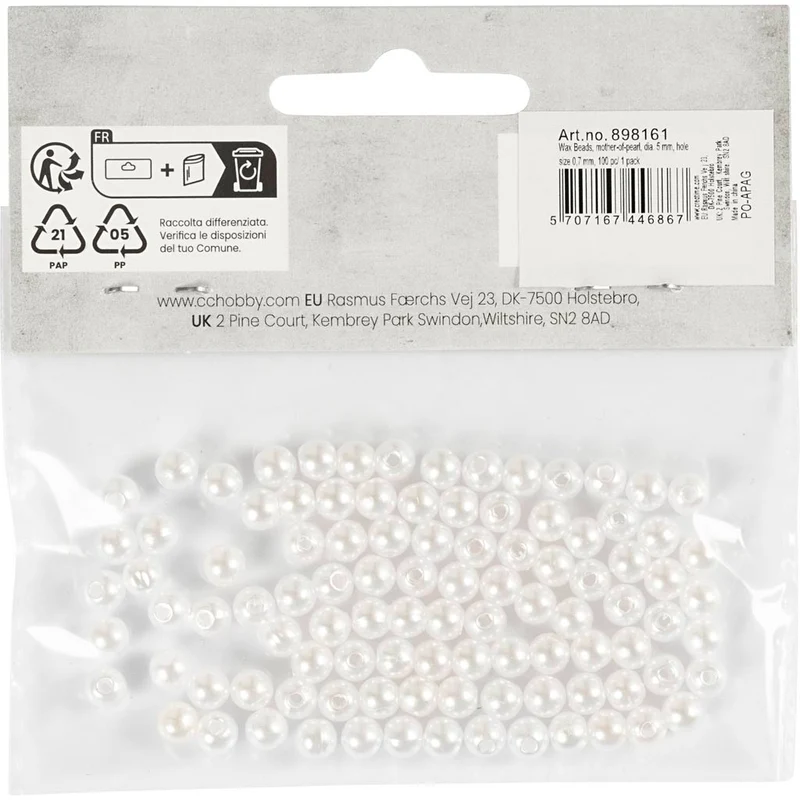 Vaxpärlor, Dia. 5 mm, Hålstl. 0,7 mm, pärlemor, 100 st./ 1 förp. [HOB-698161]