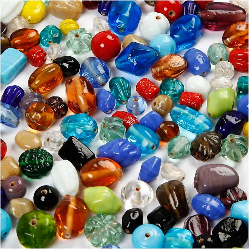 Glaspärlor, stl. 7-18 mm, Hålstl. 1 mm, ca. 600 st., mixade färger, 1000 g/ 1 förp. [HOB-68414]