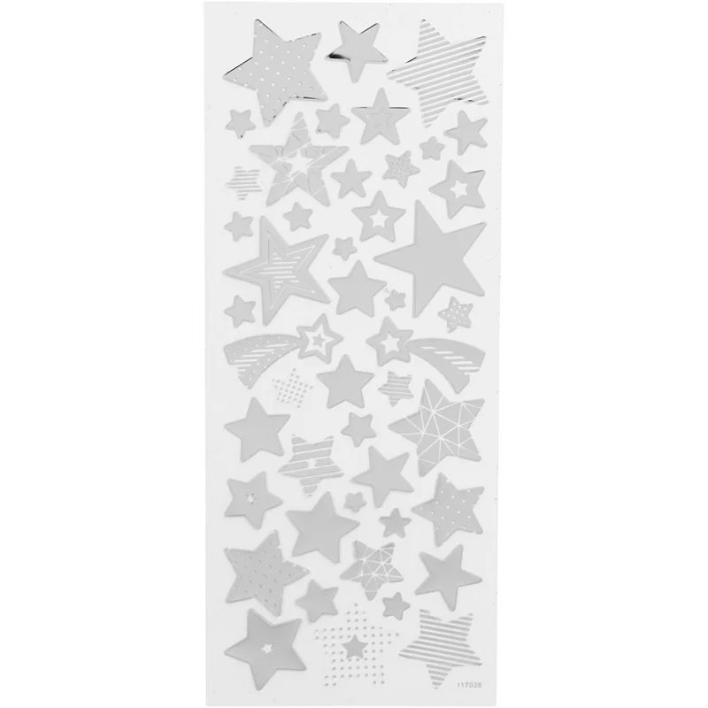 Stickers, stjärnor, ark 10x24 cm, ca. 52 st., silver, 1 ark [HOB-29153]