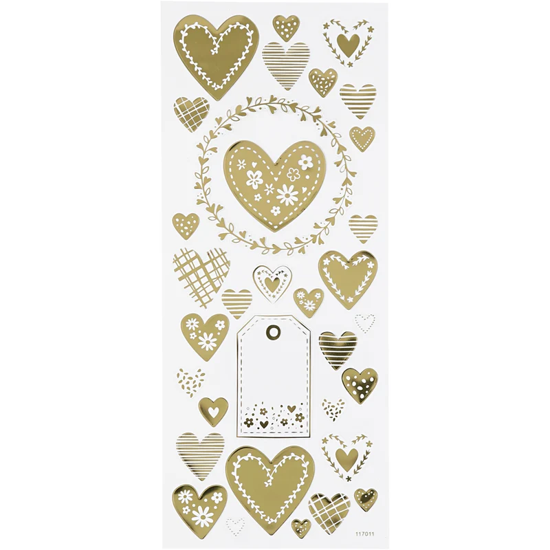 Stickers, hjärtan, ark 10x24 cm, ca. 33 st., guld, 1 ark [HOB-29151]