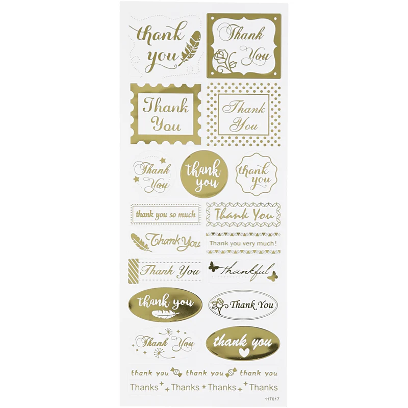 Stickers, thank you, ark 10x24 cm, ca. 19 st., guld, 1 ark [HOB-29147]