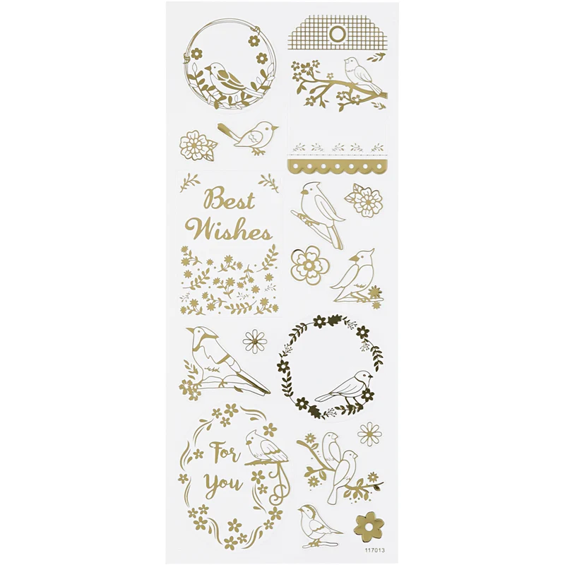 Stickers, fåglar, ark 10x24 cm, ca. 17 st., guld, 1 ark [HOB-29146]