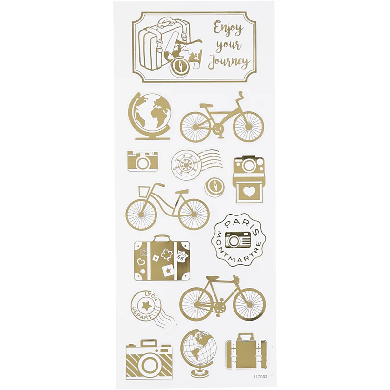 Stickers, jorden runt, ark 10x24 cm, ca. 15 st., guld, 1 ark [HOB-29144]