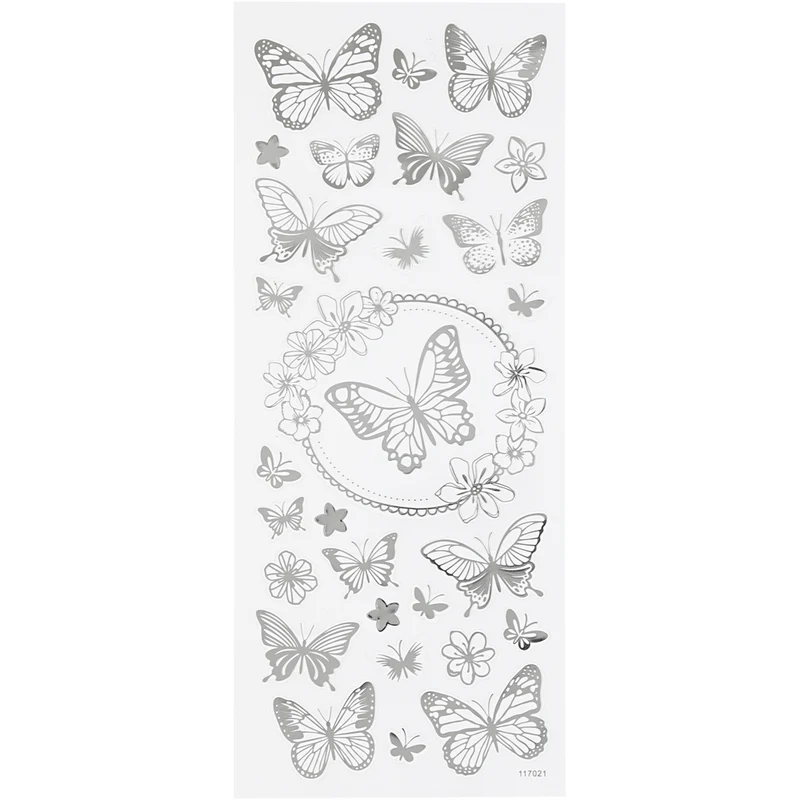 Stickers, fjäril, ark 10x24 cm, ca. 28 st., silver, 1 ark [HOB-29143]