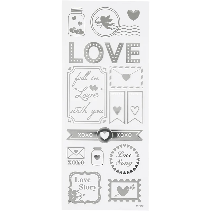 Stickers, love, ark 10x24 cm, ca. 14 st., silver, 1 ark [HOB-29142]