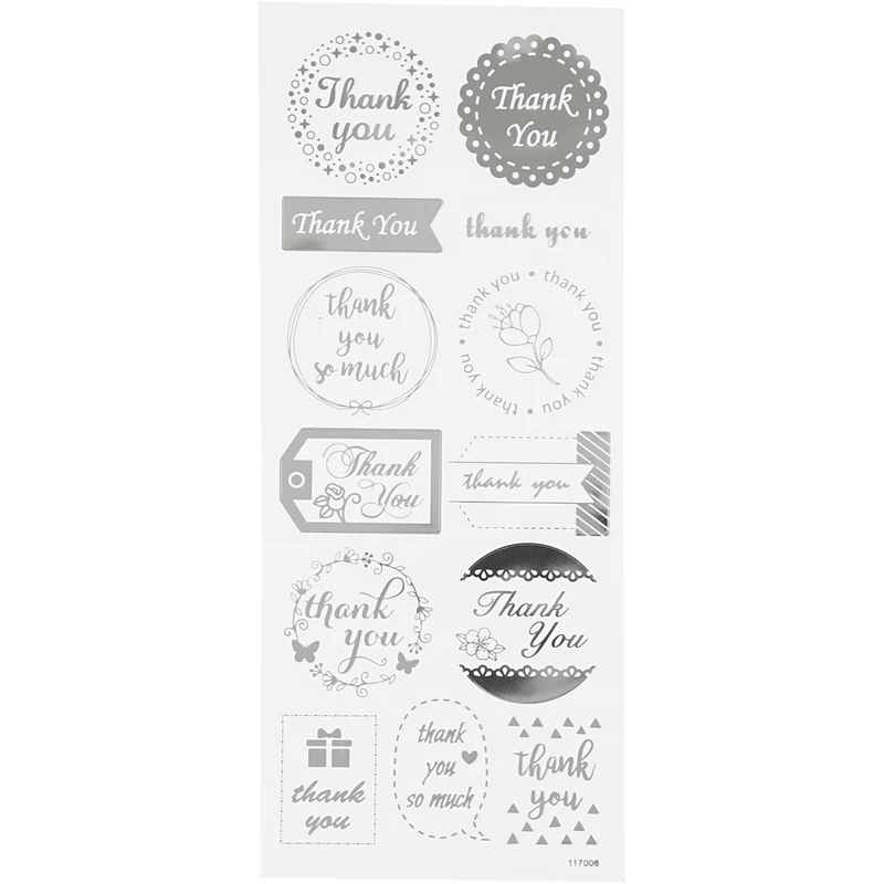 Stickers, thank you, ark 10x24 cm, ca. 13 st., silver, 1 ark [HOB-29141]