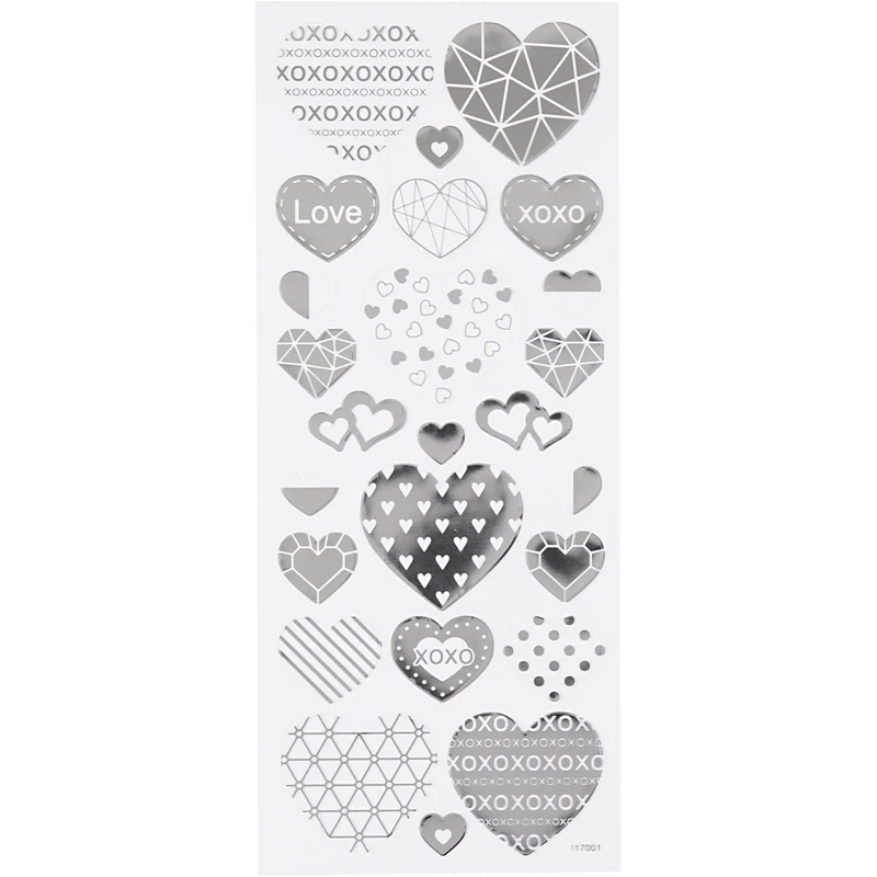 Stickers, hjärtan, ark 10x24 cm, ca. 25 st., silver, 1 ark [HOB-29140]