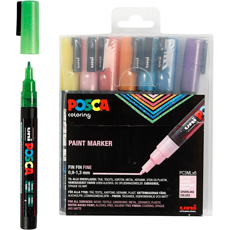 Posca Marker , nr. PC-3ML, spets 0,9-1,3 mm, glitter färger, 8 st./ 1 förp. [HOB-274899]