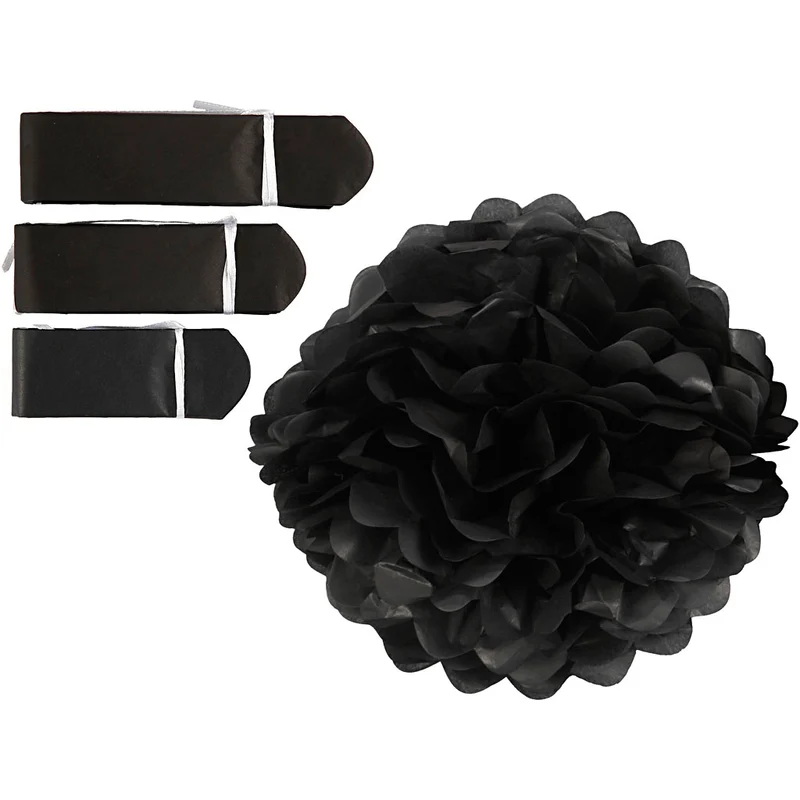 Papperspompomer, Dia. 20+24+30 cm, 16 g, svart, 3 st./ 1 förp. [HOB-590002]