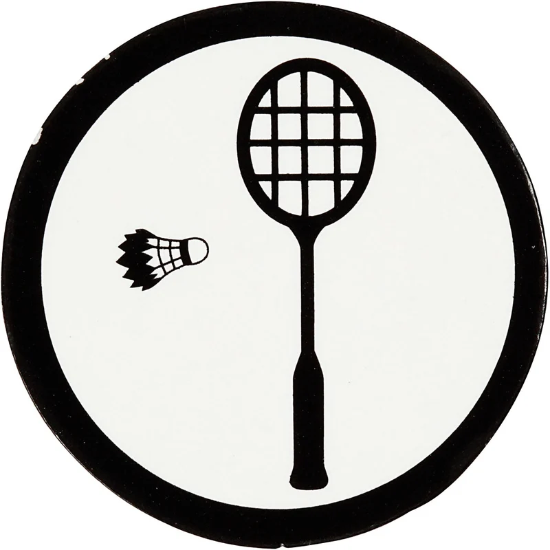 Kartongetikett, badmintonracket + fjäderboll, Dia. 25 mm, vit/svart, 20 st./ 1 förp. [HOB-586035]