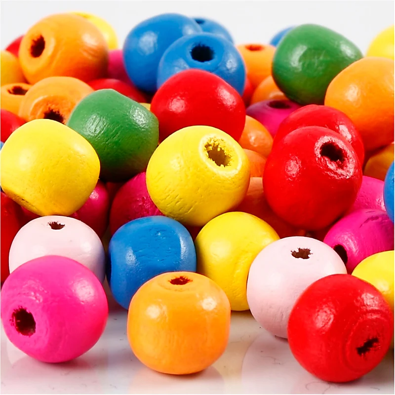 Träpärlor, Dia. 10 mm, Hålstl. 2,5-3 mm, ca. 70 mix., mixade färger, 22 g/ 1 förp. [HOB-571231]