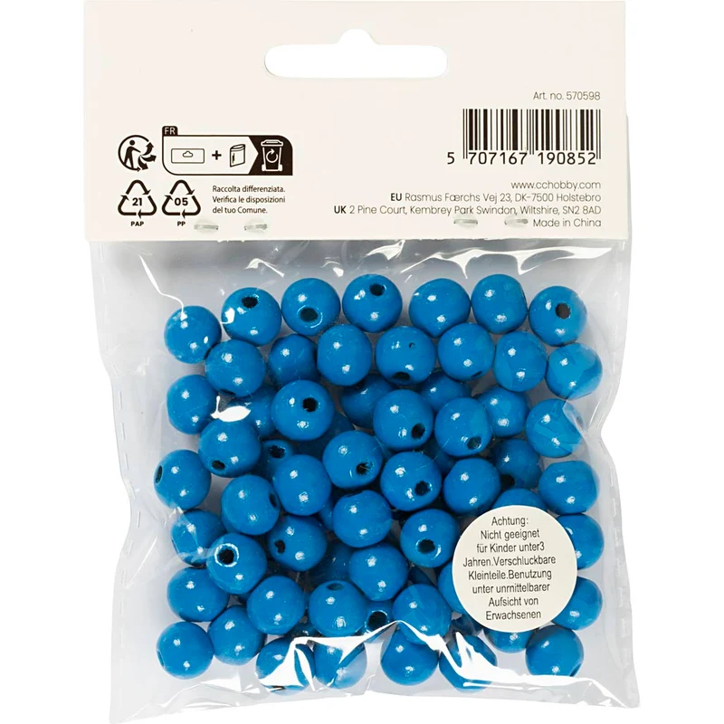 Träpärlor, Dia. 10 mm, Hålstl. 3 mm, ca. 70 st., blå, 20 g/ 1 förp. [HOB-570598]