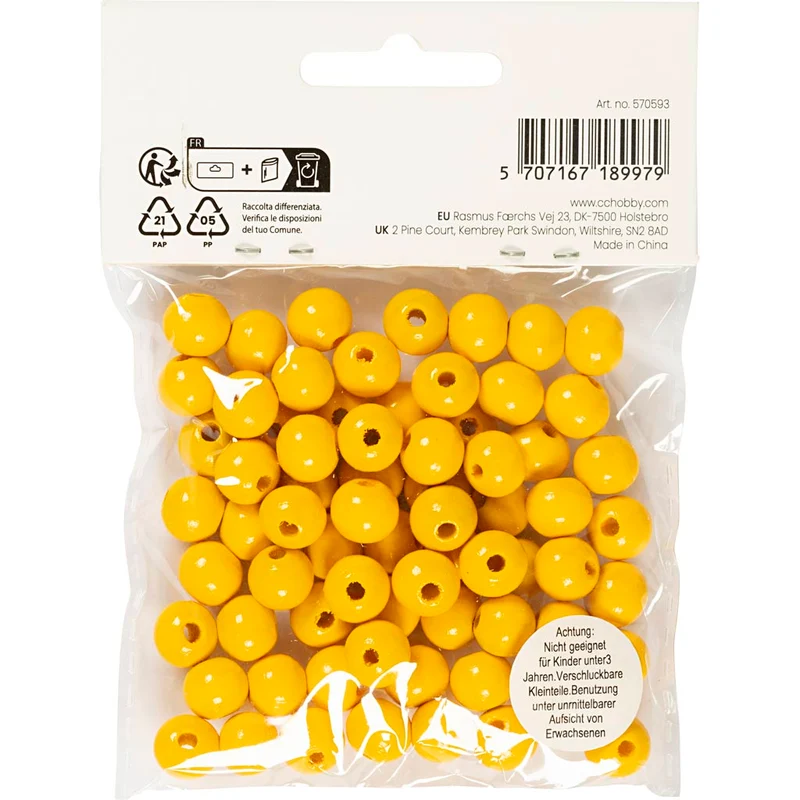 Träpärlor, Dia. 10 mm, Hålstl. 3 mm, ca. 70 st., gul, 20 g/ 1 förp. [HOB-570593]