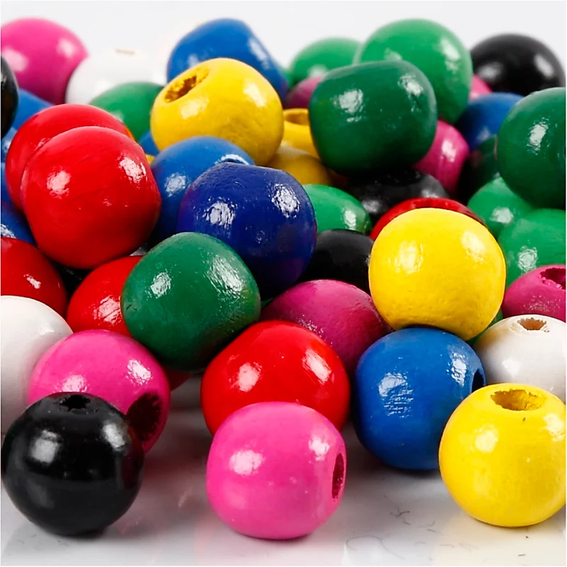 Träpärlor, Dia. 10 mm, Hålstl. 3 mm, ca. 680 mix., mixade färger, 230 g/ 1 förp. [HOB-57045]