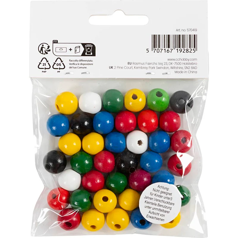 Träpärlor, Dia. 12 mm, Hålstl. 3 mm, ca. 40 mix., mixade färger, 22 g/ 1 förp. [HOB-570419]