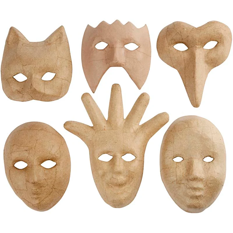 Masker av papier-maché, H: 12-21 cm, 6 st./ 1 förp. [HOB-26712]