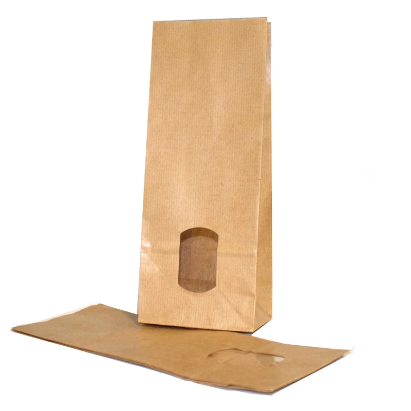 Cellofanpåsar med botten Kraft Brun 10,5x6,5x27,5cm 70 g/m² fodrad med 30my OPP Folie och Klar Fönster | 500 gram (100 st) [PAB1015]