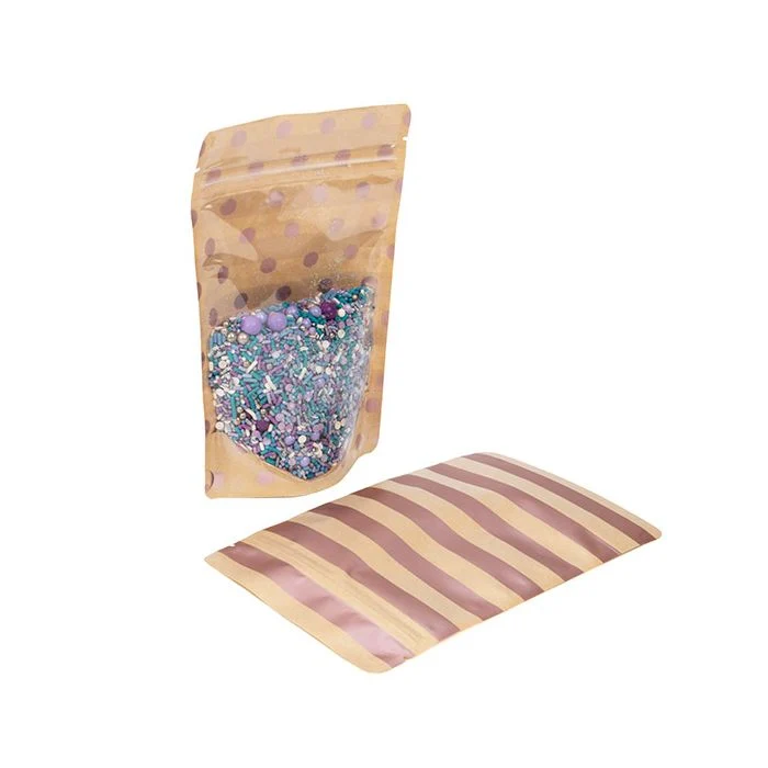 Stå upp påsar Transparent/Kraftverk med roséguldsfärgade prickar och ränder 13x7,9x20,6 cm (25 st) [ZBGSW3SDR]