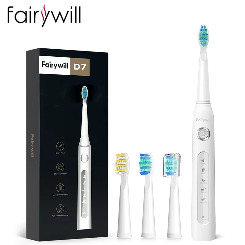 Fairywill FW-507 Electric Sonic Toothbrush – USB Rechargeable, Waterproof, Replacement Heads