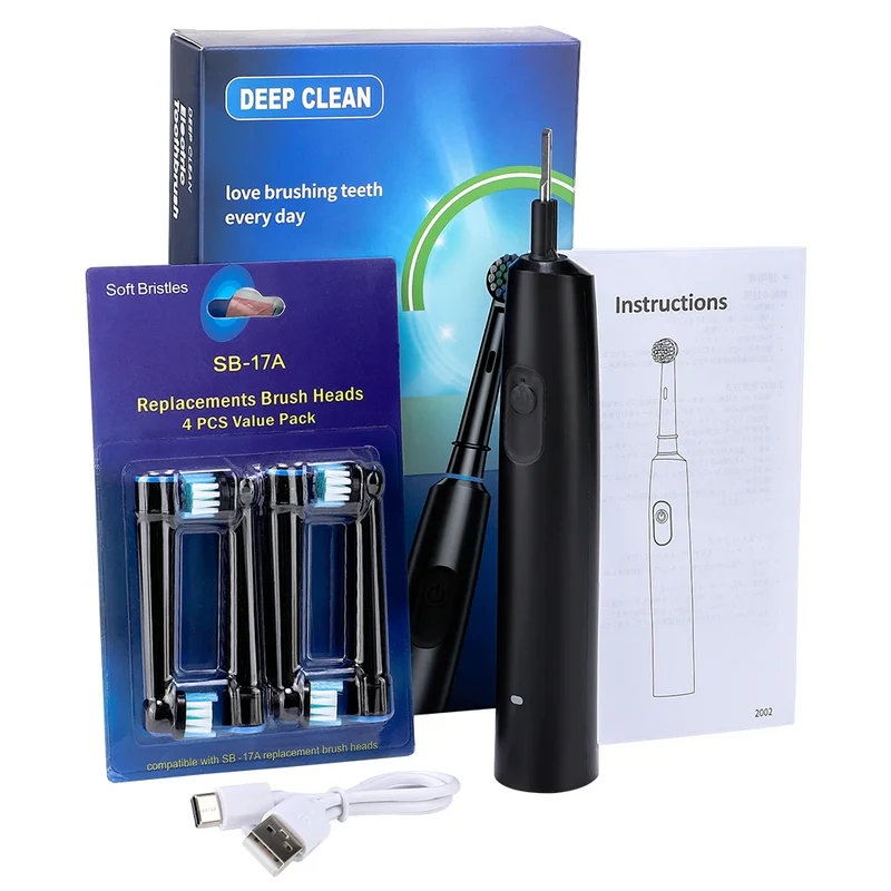 Round Rotating Electric Toothbrush – 5 Modes, 2 Timers, 4 Heads, Teeth Whitening