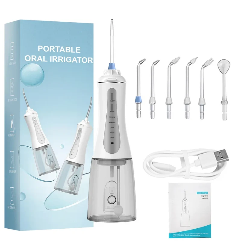 Oral Irrigator Water Dental Flosser – 350ml, 5 Modes, IPX7, 6 Nozzles, Rechargeable