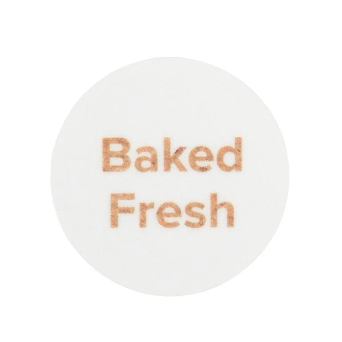 Klistermärken Rund Baked Fresh (vit med krafttext) 2,5 cm (1 ark) [LS1BFK]