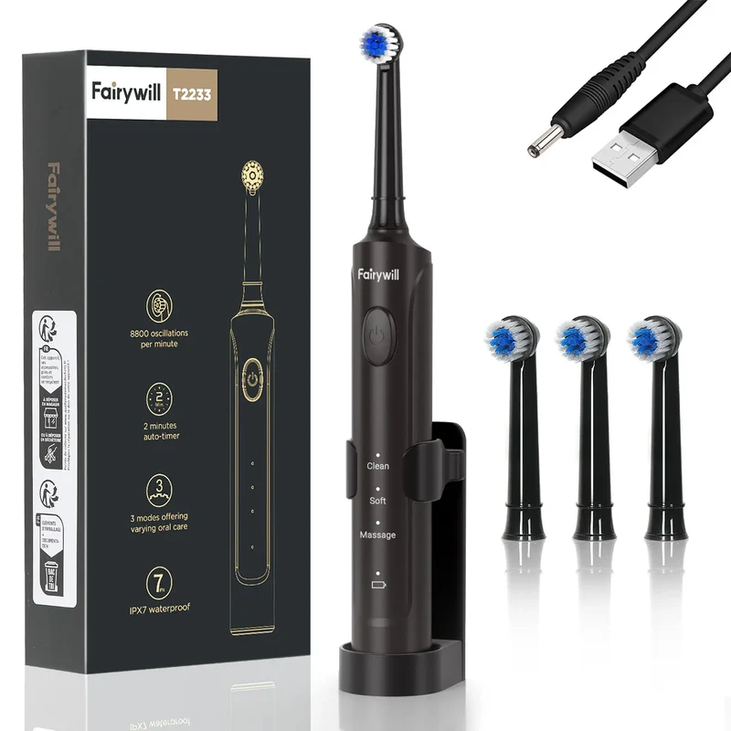 Fairywill T2233 Electric Toothbrush – Sonic Rotation, 4 Heads, 3 Modes, Rechargeable