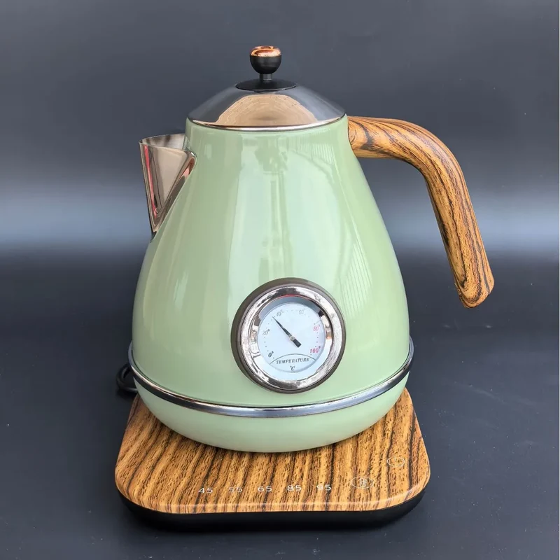 Vintage Wooden Grain Electric Kettle – 1.7L, 304 Stainless Steel, Temperature Control, 220V
