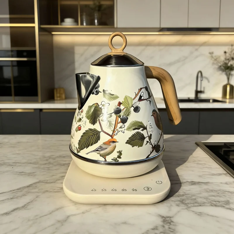 Retro Decal Electric Kettle – 1.7L, 304 Stainless Steel, Temperature Control, Wood Grain Handle