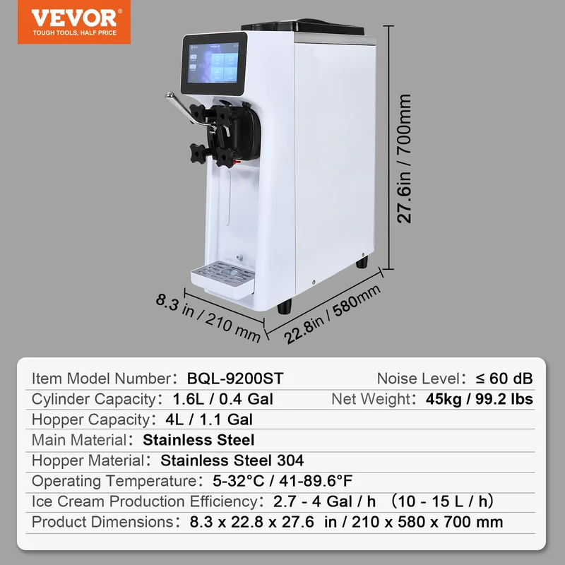 SucceBuy Commercial Soft Serve Ice Cream Machine – Single Flavor, Touch Screen, Auto Clean