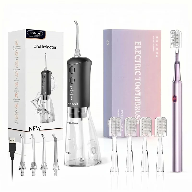 Electric Toothbrush & Water Flosser Combo – 3 Pressure Modes, 6 Jet Tips, 4 Brush Heads, 300ml Tank