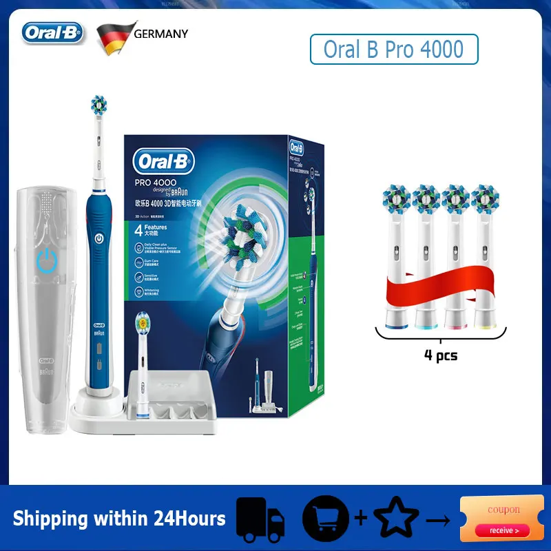 Oral-B Pro 4000 Electric Toothbrush – 3D Action, Pressure Sensor, 4 Modes, Gum Care, Waterproof