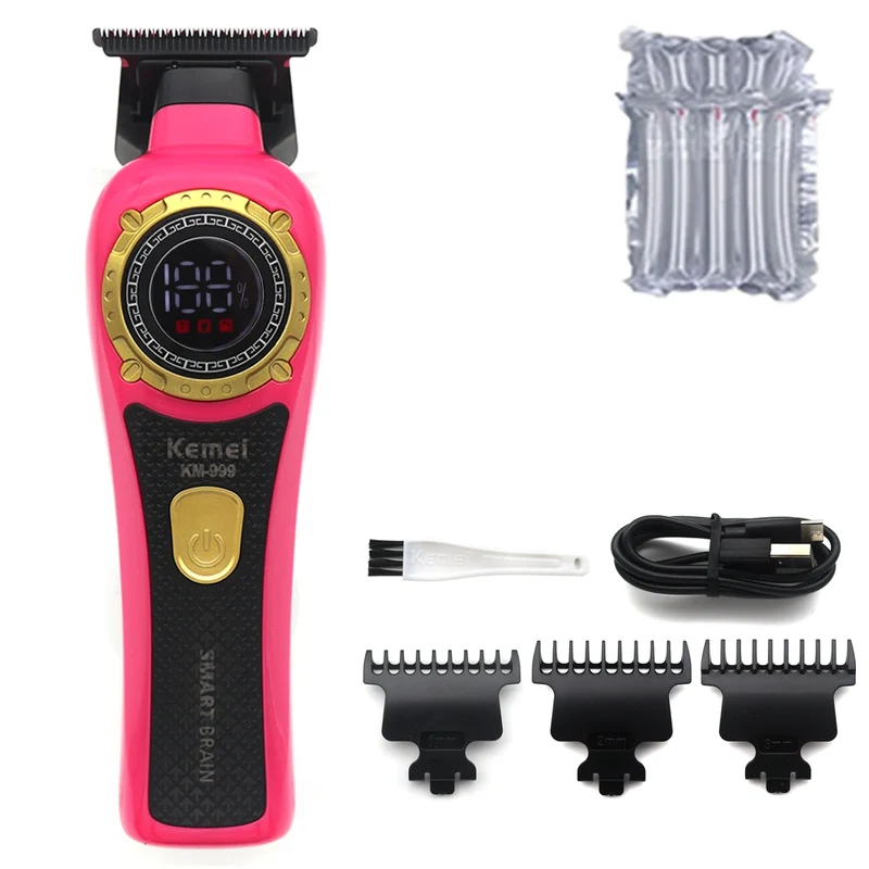 Kemei KM-999 Professional Hair Trimmer – DLC T-Blade, Zero Gap, LED Display, Cordless USB Clipper