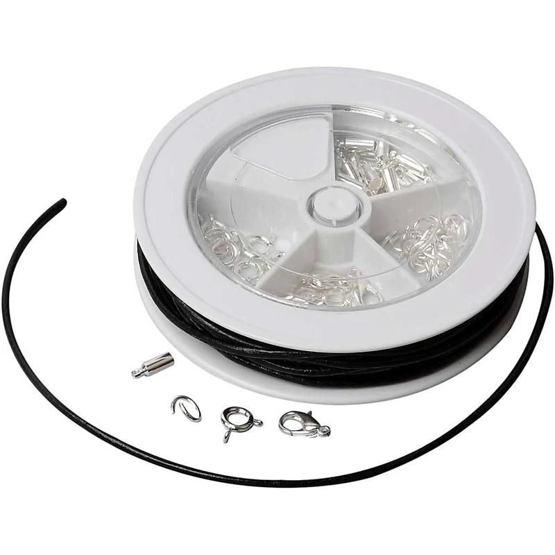 Startset smycken, Lädersnöre, svart, försilvrad, 1 set [HOB-61367]