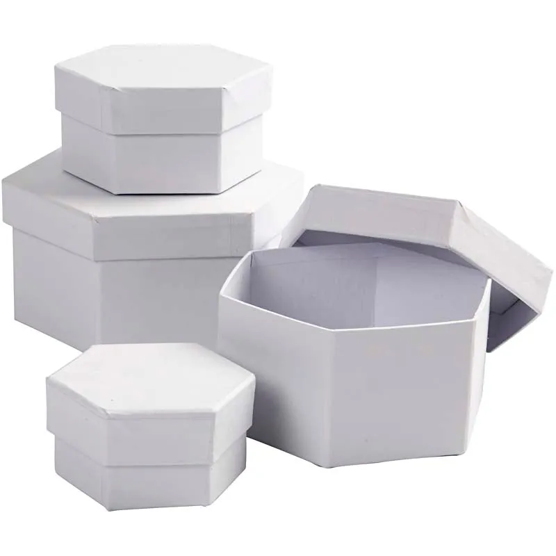 Sexkantiga Askar, H: 4+5+6+7 cm, Dia. 6,5+8+10+12 cm, vit, 4 st./ 1 set [HOB-264070]
