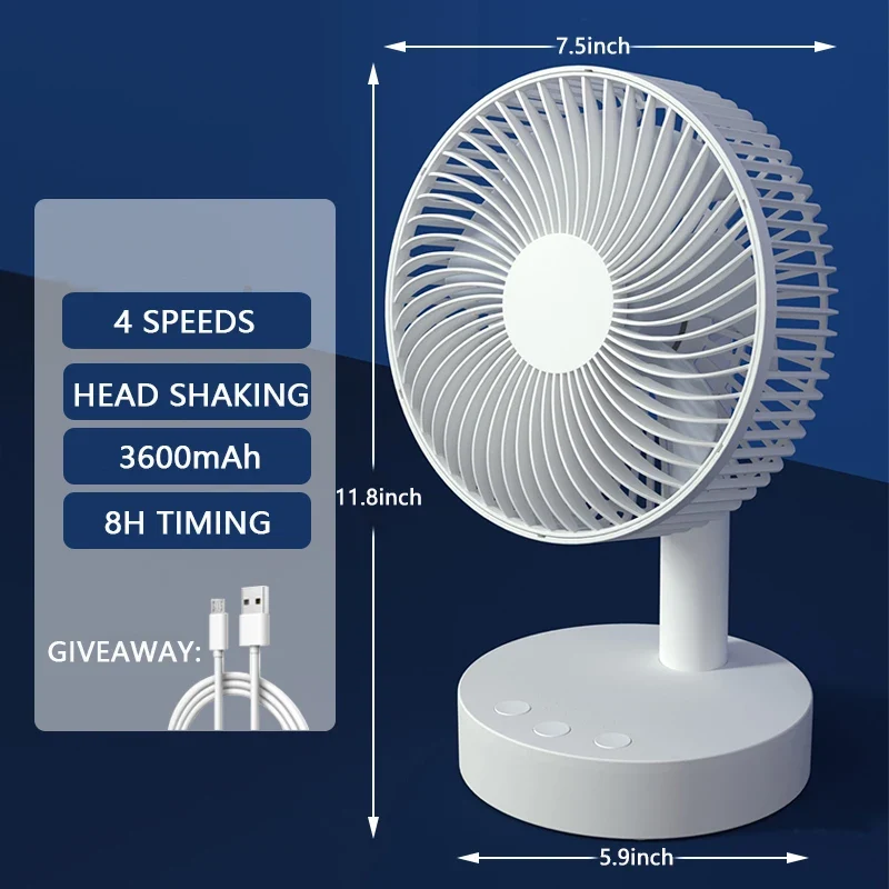 Kasydoff USB Desk Fan – 3600mAh Rechargeable, 4-Speed, 7-Blade Oscillating, Timer, Quiet Cooling Fan for Home & Office