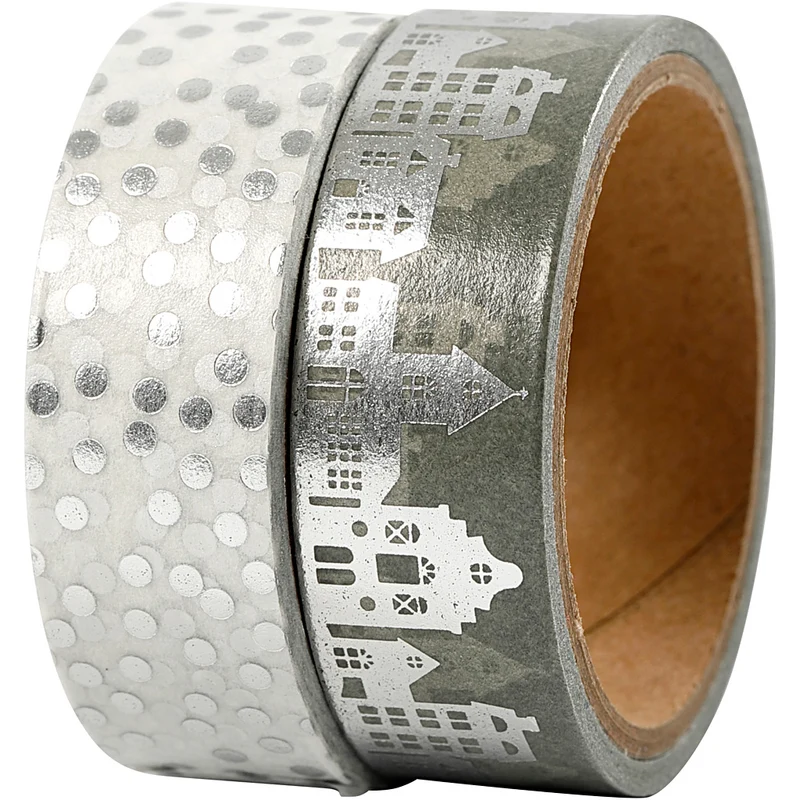 Washitejp, hus och prickar - folie, B: 15 mm, silver, 2x4 m/ 1 förp. [HOB-24798]