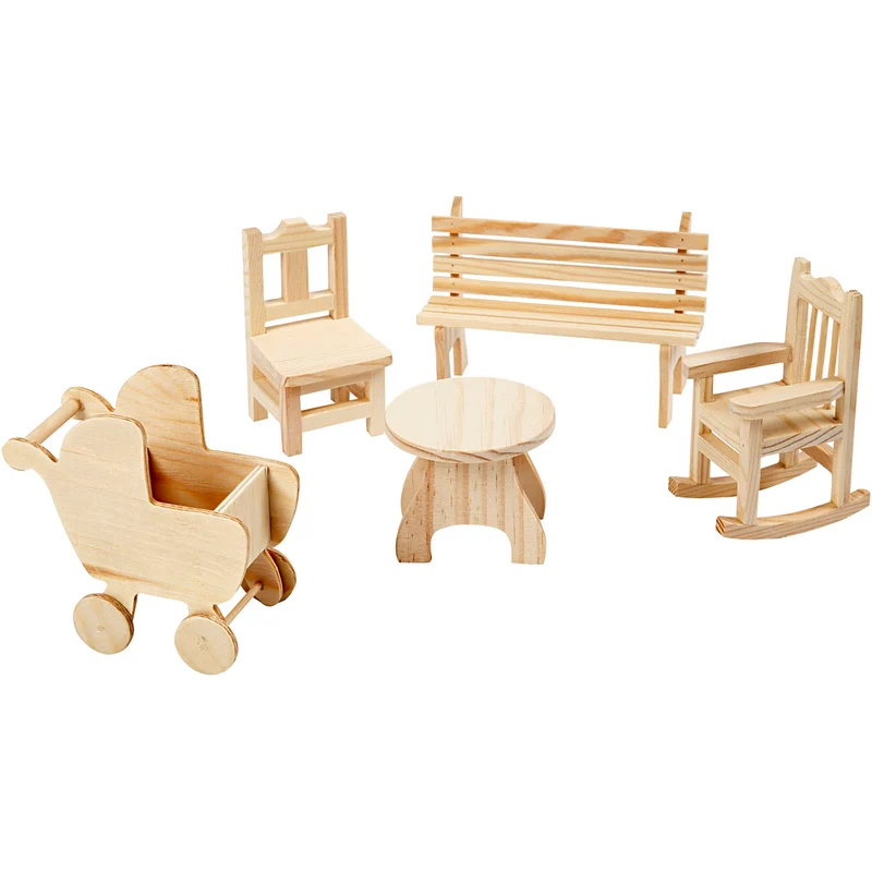 Minimöbler, stol, bänk, gungstol, bord, barnvagn, H: 5,8-10,5 cm, 50 st./ 1 förp. [HOB-56473]