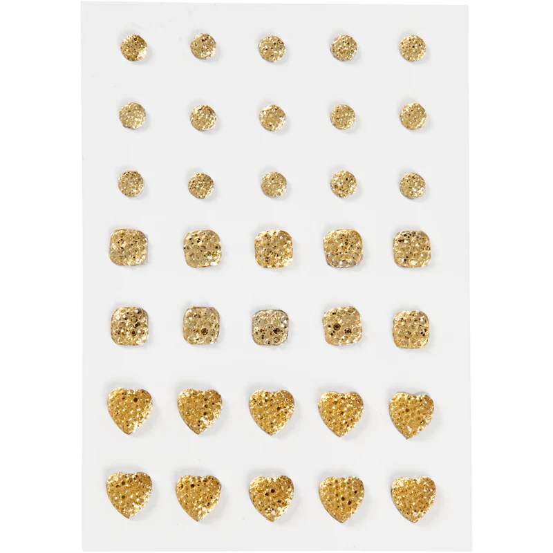 Rhinestones, (rund, fyrkant, hjärta), stl. 6+8+10 mm, guld, 35 st./ 1 förp. [HOB-24378]
