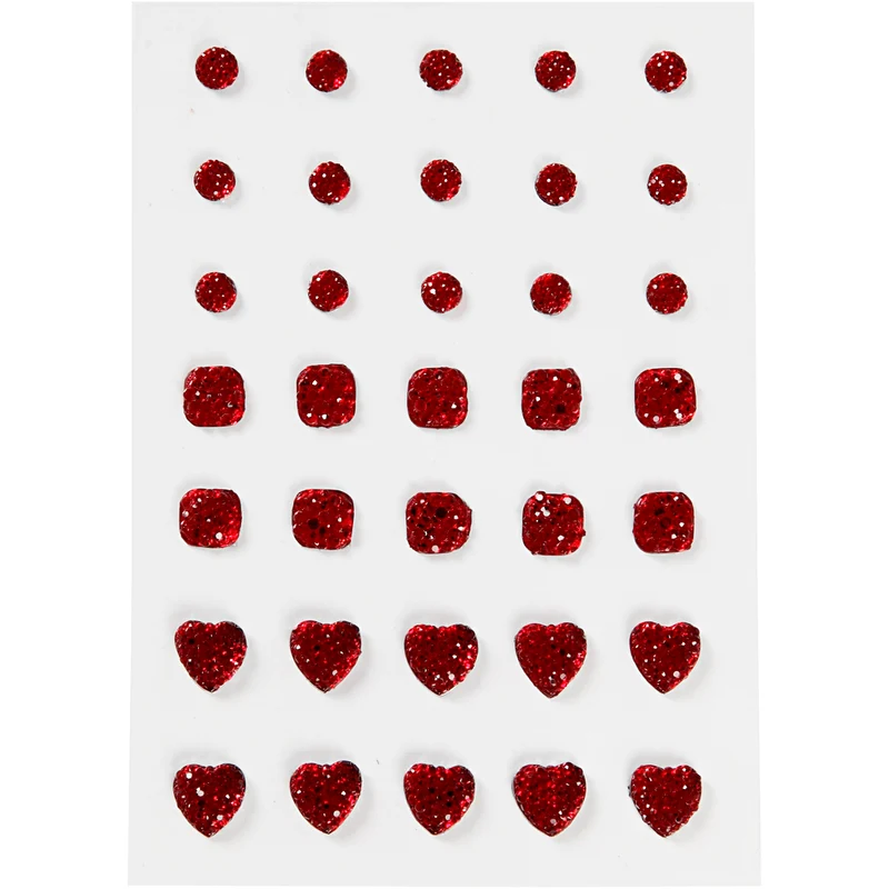 Rhinestones, red, round, square, heart, 6+8+10 mm, 35 pc, 1 pack [HOB-24375]