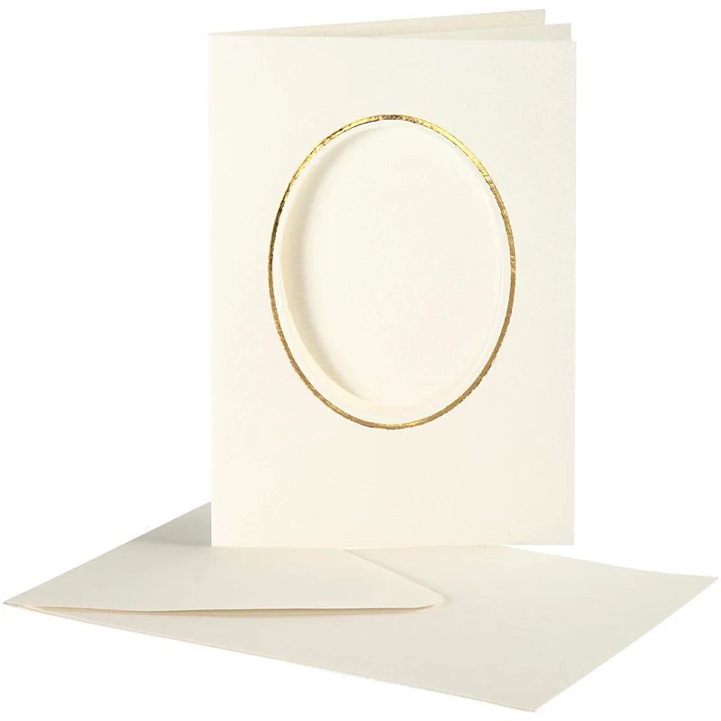 Passepartoutkort med kuvert, oval med guldkant, kortstl. 10,5x15 cm, kuvertstl. 11,5x16,5 cm, råvit, 10 set/ 1 förp. [HOB-23724]