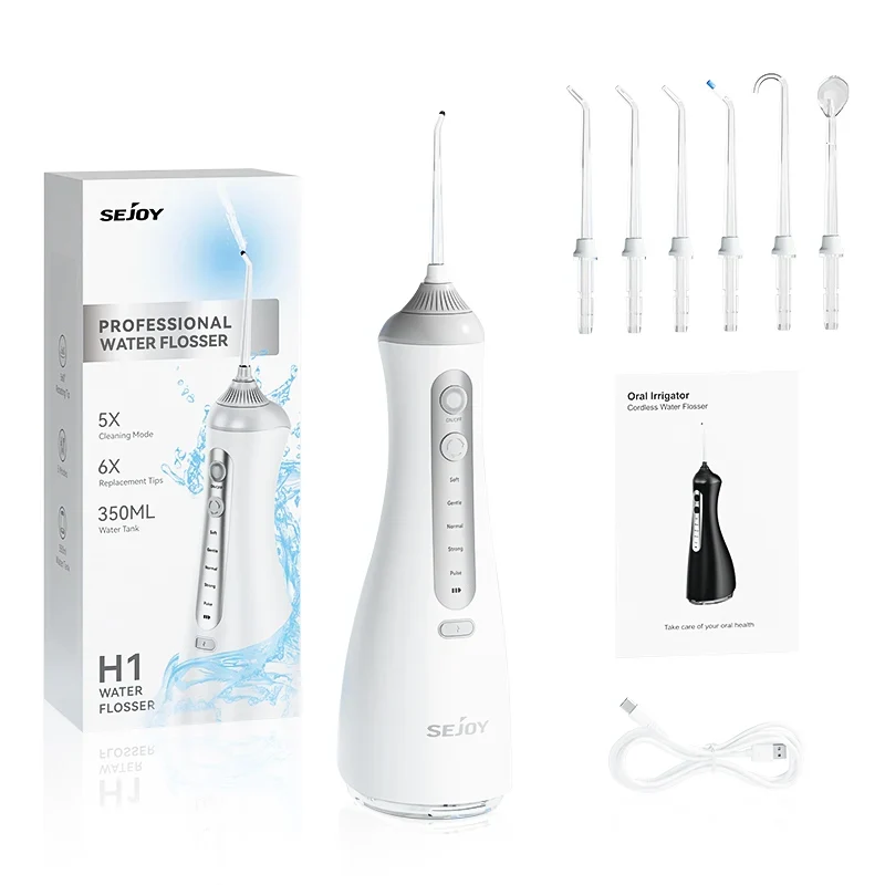 Sejoy Electric Water Dental Flosser – 350ml, 6 Modes, IPX7, 4 Nozzles, Cordless