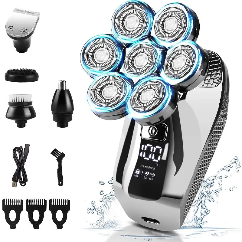 DUTRIEUX 5-in-1 7D Head Shaver for Men – Cordless, Wet & Dry, LED Display, Waterproof, Grooming Kit