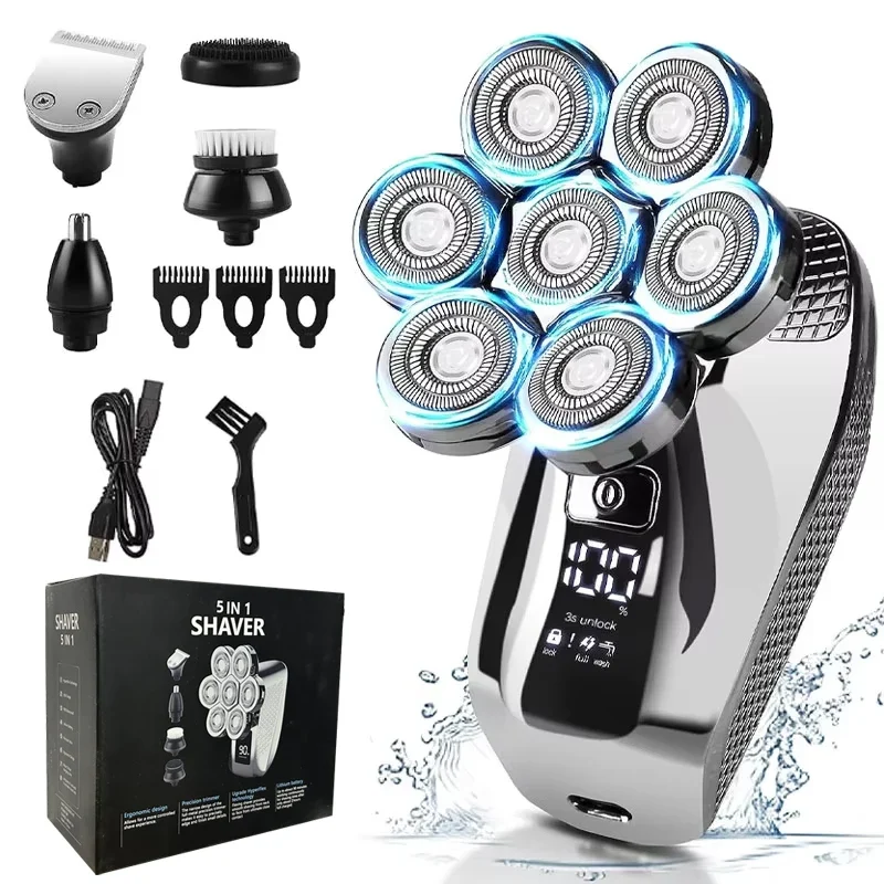 DUTRIEUX 5-in-1 7D Head Shaver for Men – Cordless, Wet & Dry, LED Display, Waterproof, Grooming Kit