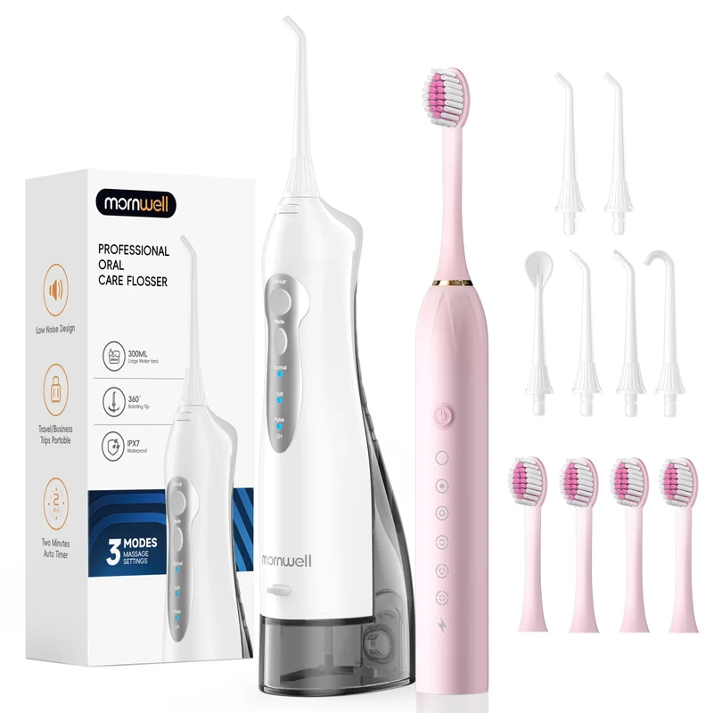 Mornwell D52 Portable Water Flosser + X3 Electric Toothbrush Combo – 4 Modes, 300ml Tank, Rechargeable, Travel-Ready