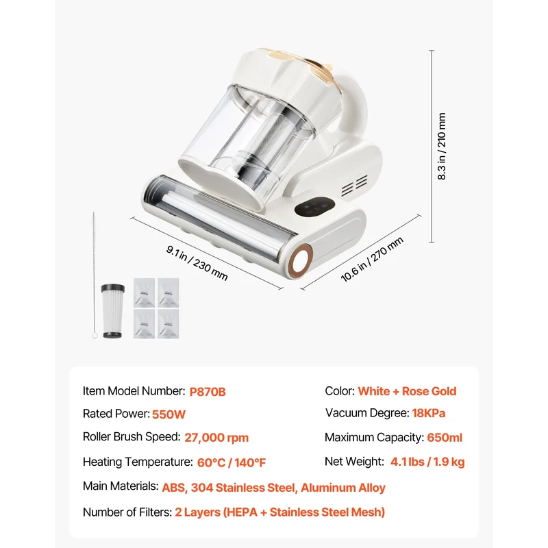 SucceBuy Mattress Vacuum Cleaner – 18Kpa, Dual Dust Bin, HEPA Filter, Heating & Ultrasound, Handheld for Bed & Sofa