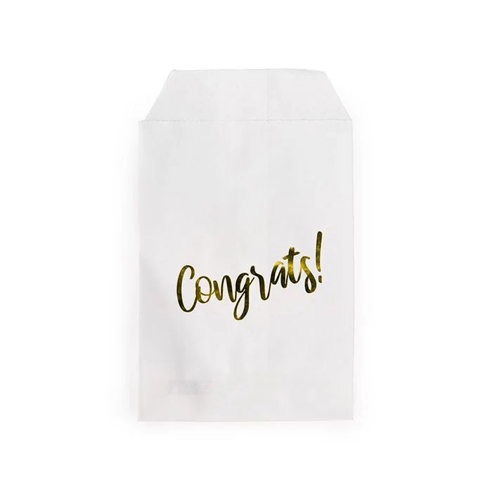 Papperspåsar vita med guld Grattis 7,6x12,7 cm (100 st) [GPB35GC]