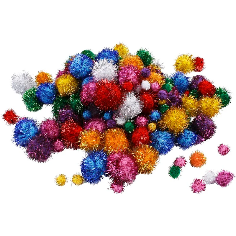 Pompoms,pompong, Dia. 15-40 mm, glitter, ca. 75 st., starka färger, 62 g/ 1 förp. [HOB-518920]
