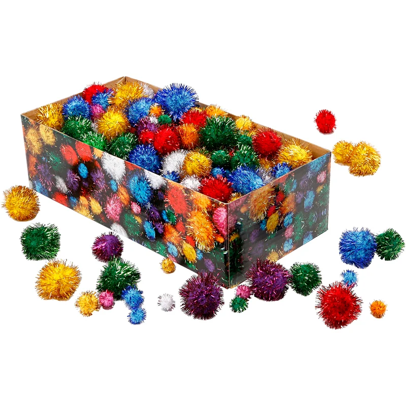 Pompoms,pompong, Dia. 15-40 mm, glitter, ca. 400 st., starka färger, 400 g/ 1 förp. [HOB-51892]